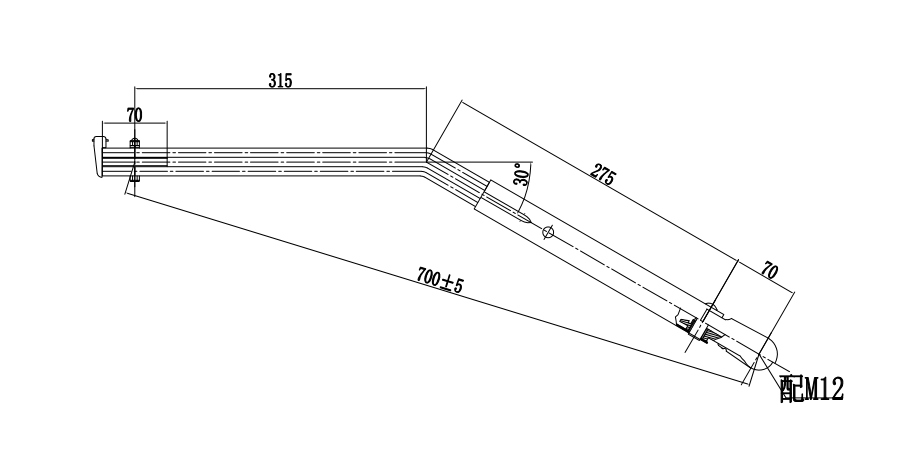 GBXM14 XiaGJ 700mm Double round tube left wiper arm (30 degrees)